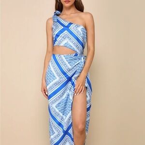 Lulu's One-Shoulder Blue and White Dress